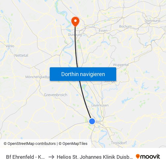 Bf Ehrenfeld - Köln to Helios St. Johannes Klinik Duisburg map