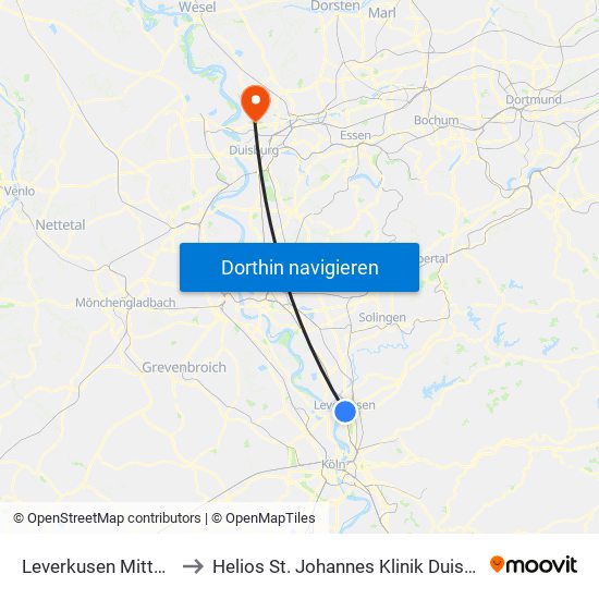 Leverkusen Mitte Bf to Helios St. Johannes Klinik Duisburg map
