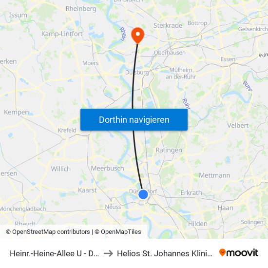 Heinr.-Heine-Allee U - Düsseldorf to Helios St. Johannes Klinik Duisburg map