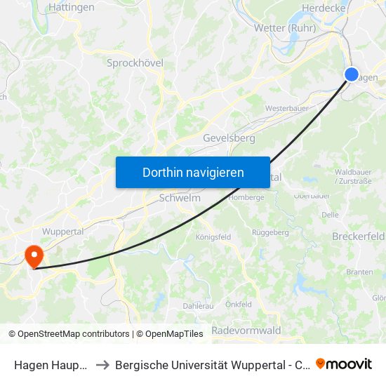 Hagen Hauptbahnhof to Bergische Universität Wuppertal - Campus Grifflenberg map