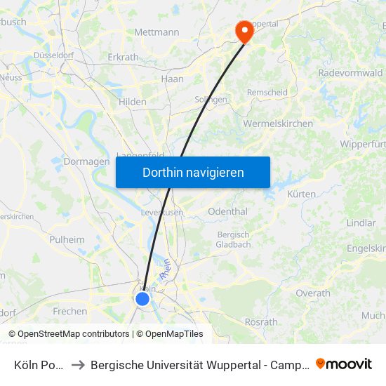 Köln Poststr. to Bergische Universität Wuppertal - Campus Grifflenberg map