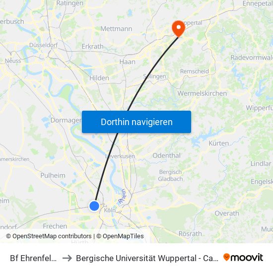 Bf Ehrenfeld - Köln to Bergische Universität Wuppertal - Campus Grifflenberg map