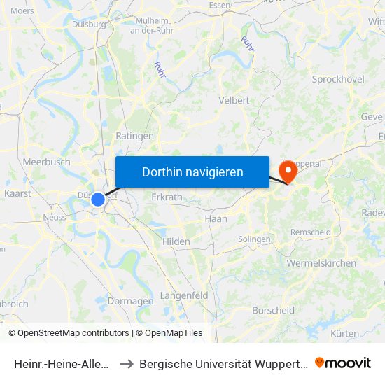Heinr.-Heine-Allee U - Düsseldorf to Bergische Universität Wuppertal - Campus Grifflenberg map