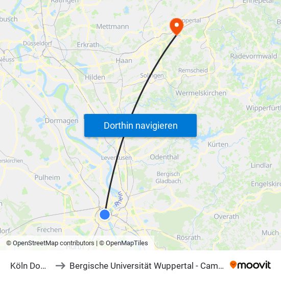 Köln Dom/Hbf to Bergische Universität Wuppertal - Campus Grifflenberg map