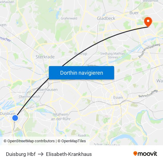 Duisburg Hbf to Elisabeth-Krankhaus map