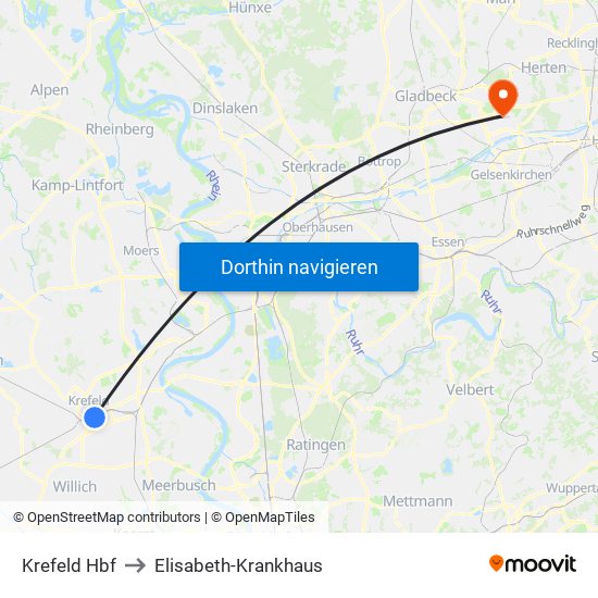 Krefeld Hbf to Elisabeth-Krankhaus map