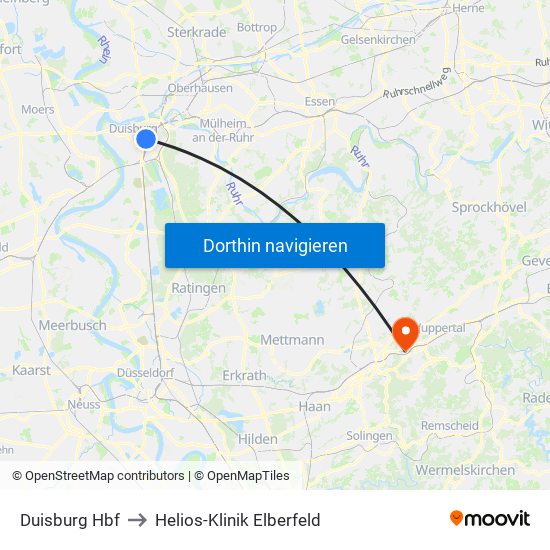 Duisburg Hbf to Helios-Klinik Elberfeld map