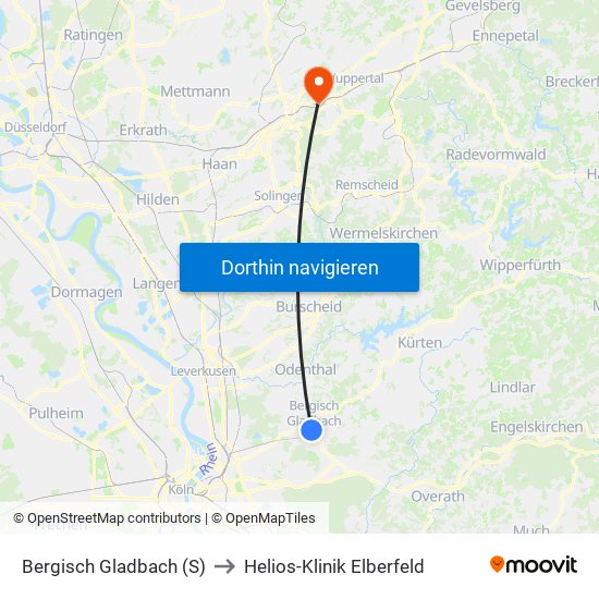 Bergisch Gladbach (S) to Helios-Klinik Elberfeld map