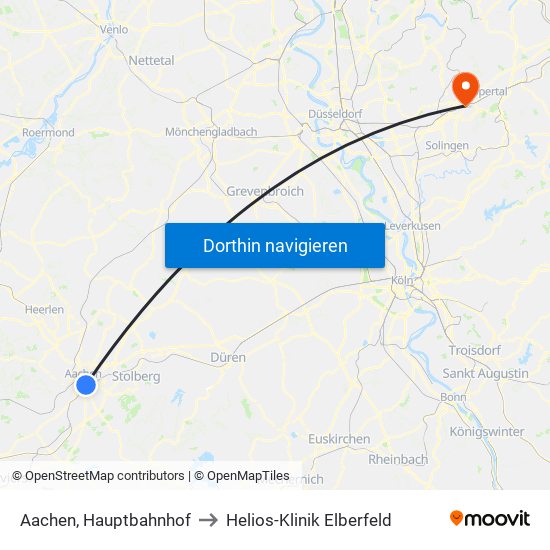 Aachen, Hauptbahnhof to Helios-Klinik Elberfeld map