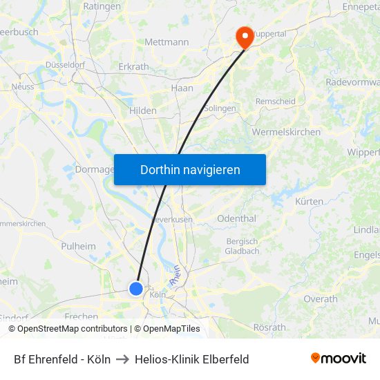 Bf Ehrenfeld - Köln to Helios-Klinik Elberfeld map