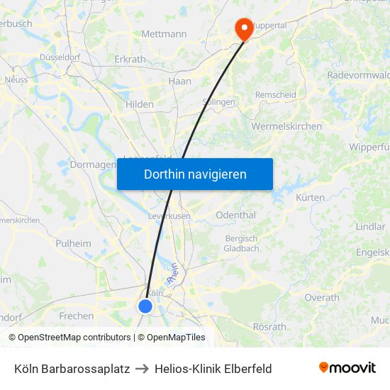 Köln Barbarossaplatz to Helios-Klinik Elberfeld map