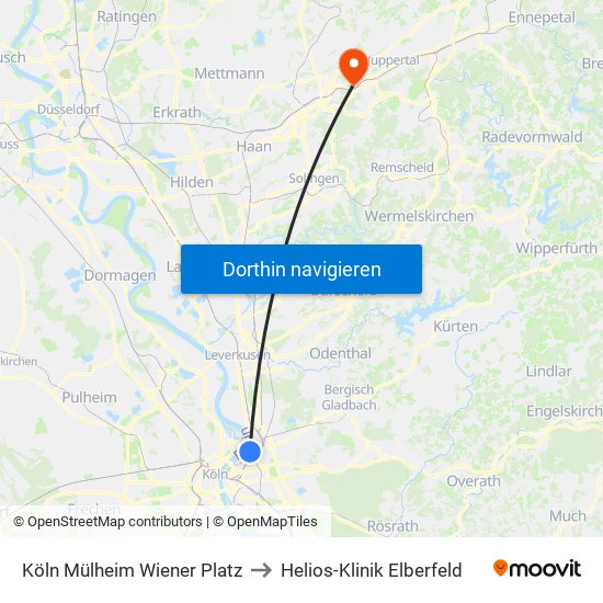 Köln Mülheim Wiener Platz to Helios-Klinik Elberfeld map
