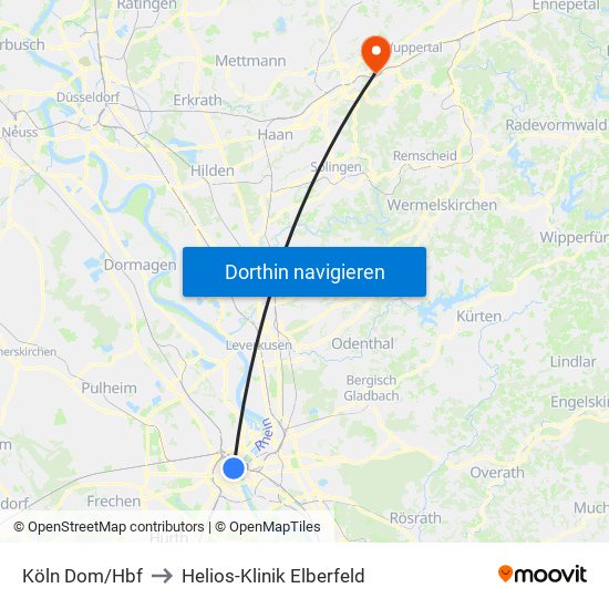 Köln Dom/Hbf to Helios-Klinik Elberfeld map