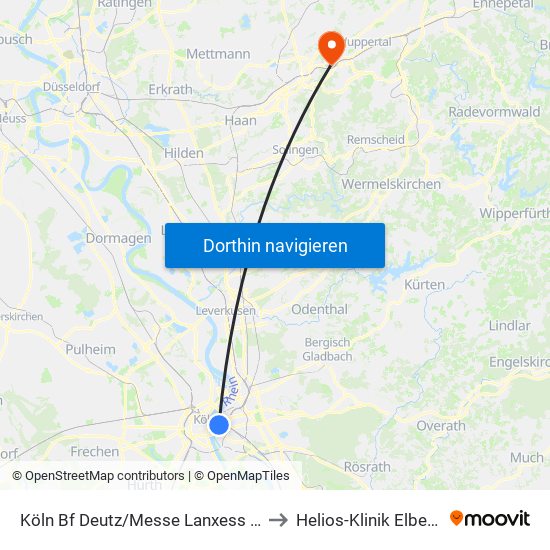Köln Bf Deutz/Messe Lanxess Arena to Helios-Klinik Elberfeld map