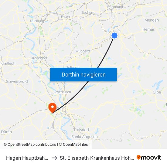 Hagen Hauptbahnhof to St.-Elisabeth-Krankenhaus Hohenlind map