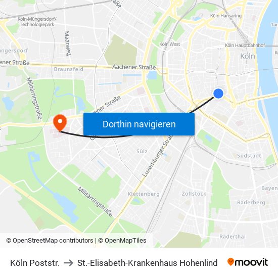 Köln Poststr. to St.-Elisabeth-Krankenhaus Hohenlind map