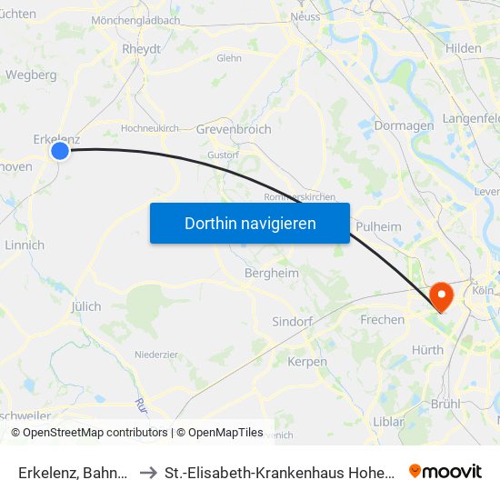 Erkelenz, Bahnhof to St.-Elisabeth-Krankenhaus Hohenlind map