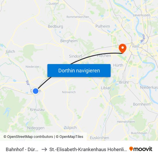 Bahnhof - Düren to St.-Elisabeth-Krankenhaus Hohenlind map