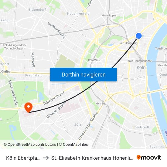 Köln Ebertplatz to St.-Elisabeth-Krankenhaus Hohenlind map