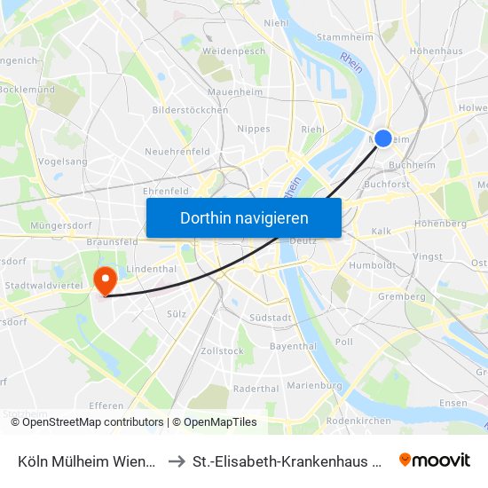 Köln Mülheim Wiener Platz to St.-Elisabeth-Krankenhaus Hohenlind map