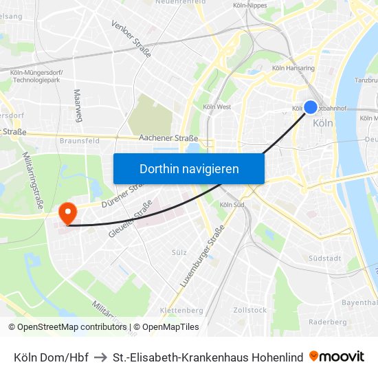 Köln Dom/Hbf to St.-Elisabeth-Krankenhaus Hohenlind map