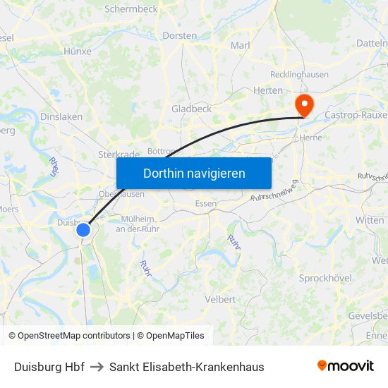 Duisburg Hbf to Sankt Elisabeth-Krankenhaus map