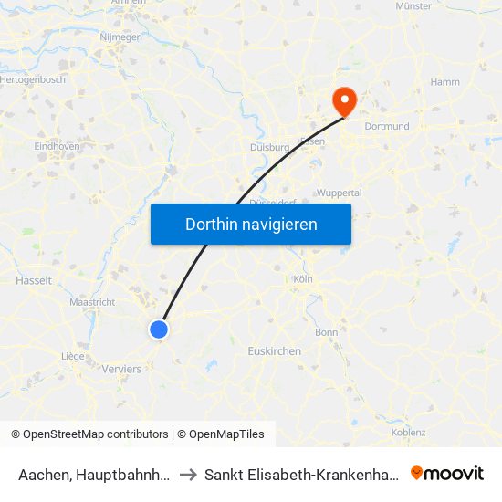 Aachen, Hauptbahnhof to Sankt Elisabeth-Krankenhaus map