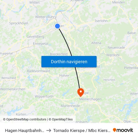 Hagen Hauptbahnhof to Tornado Kierspe / Mbc Kierspe map