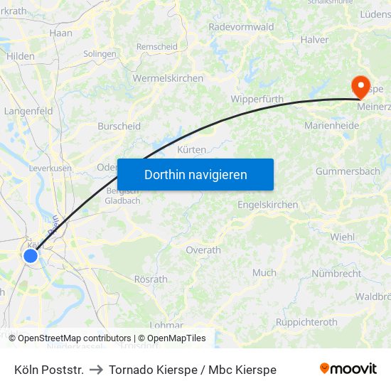 Köln Poststr. to Tornado Kierspe / Mbc Kierspe map