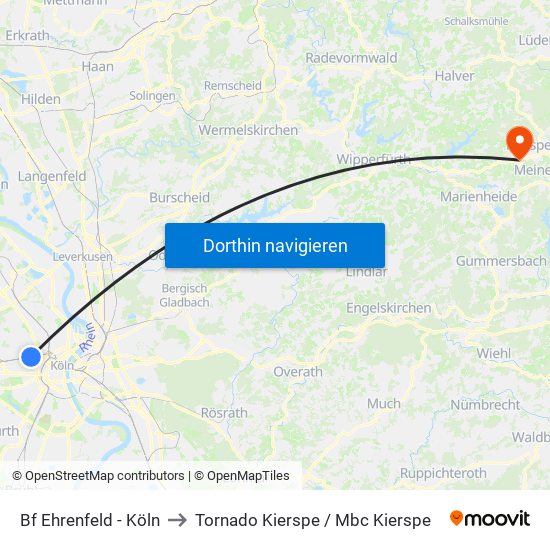 Bf Ehrenfeld - Köln to Tornado Kierspe / Mbc Kierspe map