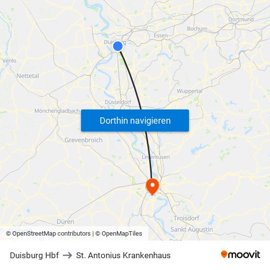 Duisburg Hbf to St. Antonius Krankenhaus map