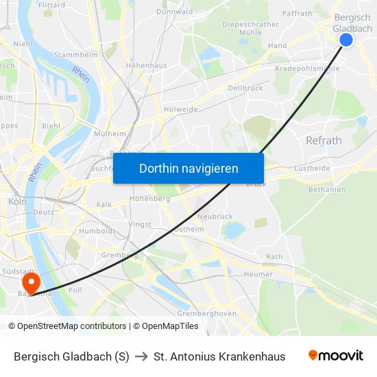 Bergisch Gladbach (S) to St. Antonius Krankenhaus map