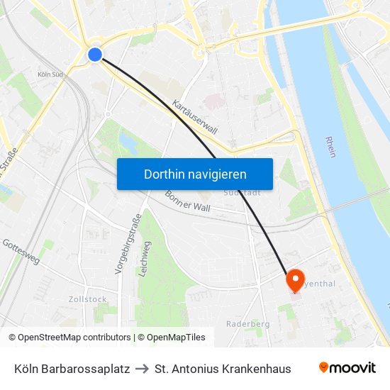 Köln Barbarossaplatz to St. Antonius Krankenhaus map