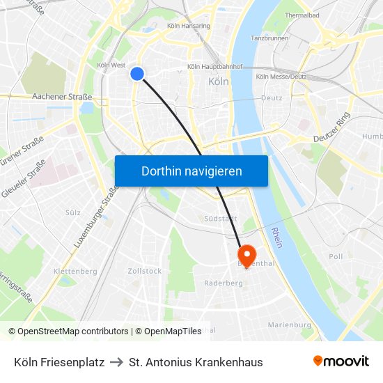 Köln Friesenplatz to St. Antonius Krankenhaus map