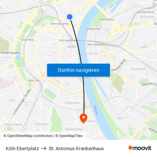 Köln Ebertplatz to St. Antonius Krankenhaus map