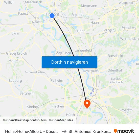 Heinr.-Heine-Allee U - Düsseldorf to St. Antonius Krankenhaus map
