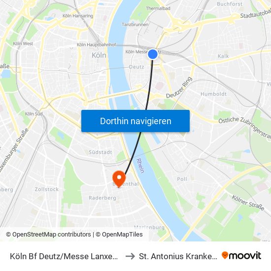 Köln Bf Deutz/Messe Lanxess Arena to St. Antonius Krankenhaus map