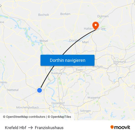 Krefeld Hbf to Franziskushaus map