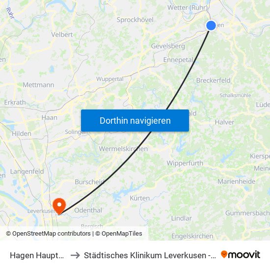 Hagen Hauptbahnhof to Städtisches Klinikum Leverkusen - Kinderklinikum map