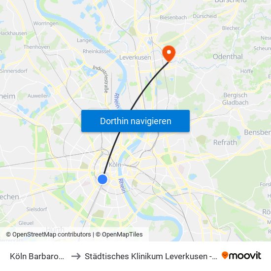 Köln Barbarossaplatz to Städtisches Klinikum Leverkusen - Kinderklinikum map