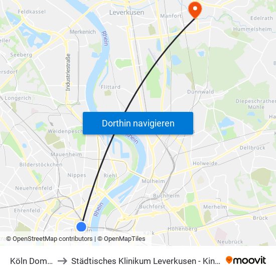 Köln Dom/Hbf to Städtisches Klinikum Leverkusen - Kinderklinikum map