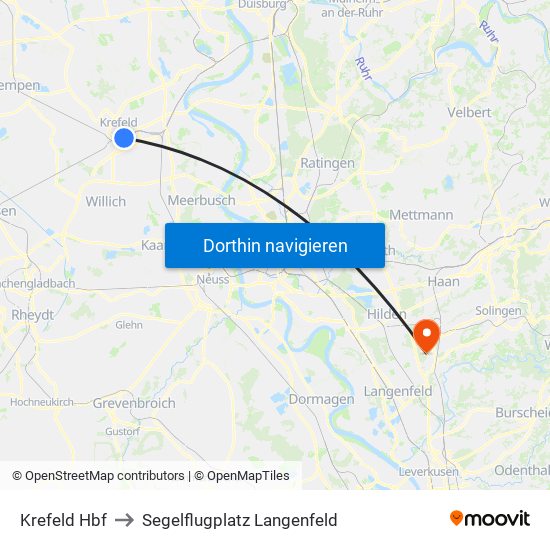 Krefeld Hbf to Segelflugplatz Langenfeld map