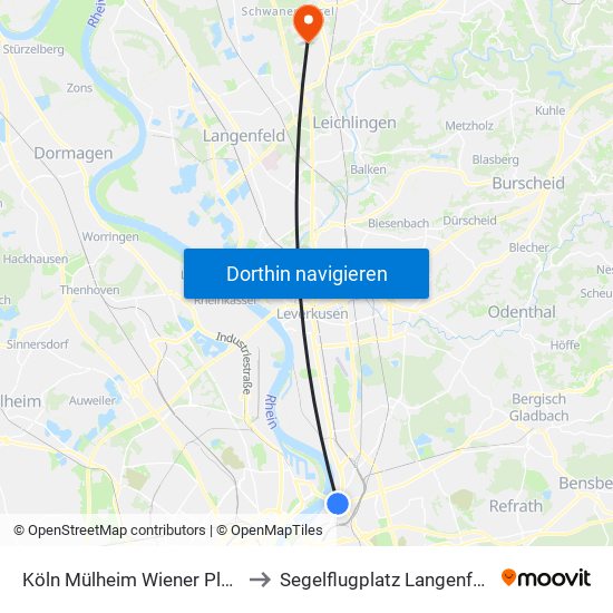 Köln Mülheim Wiener Platz to Segelflugplatz Langenfeld map