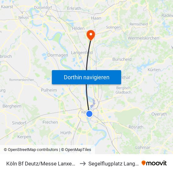 Köln Bf Deutz/Messe Lanxess Arena to Segelflugplatz Langenfeld map
