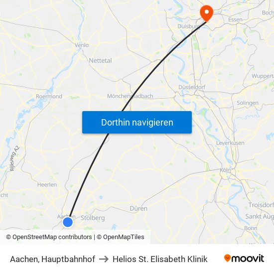 Aachen, Hauptbahnhof to Helios St. Elisabeth Klinik map