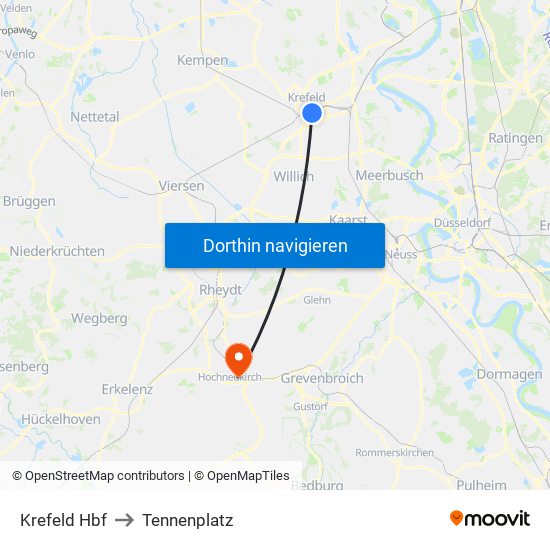 Krefeld Hbf to Tennenplatz map