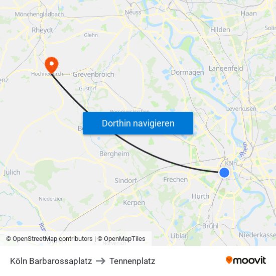 Köln Barbarossaplatz to Tennenplatz map