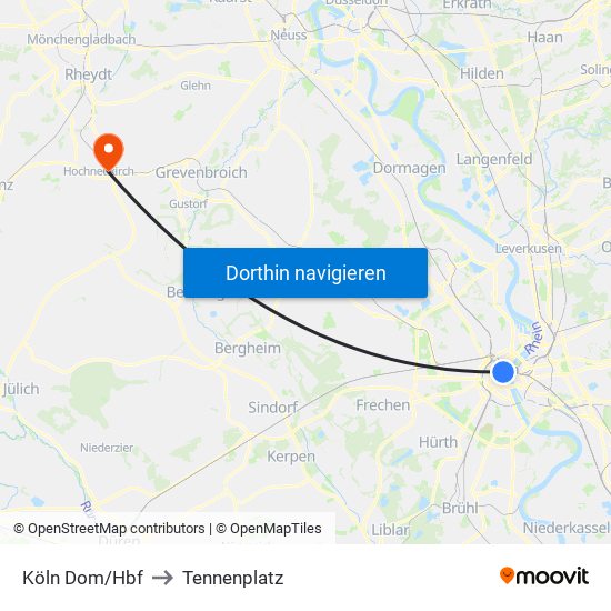 Köln Dom/Hbf to Tennenplatz map