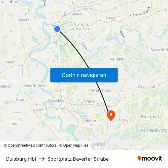 Duisburg Hbf to Sportplatz Baverter Straße map