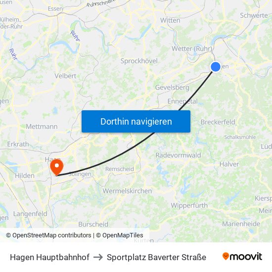 Hagen Hauptbahnhof to Sportplatz Baverter Straße map